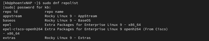 sudo dnf repolist terminal output
