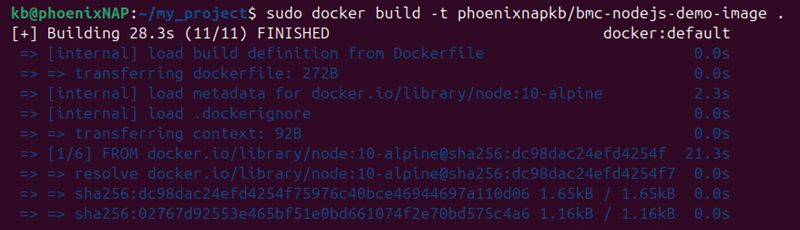 sudo docker build phoenixnapkb image terminal output