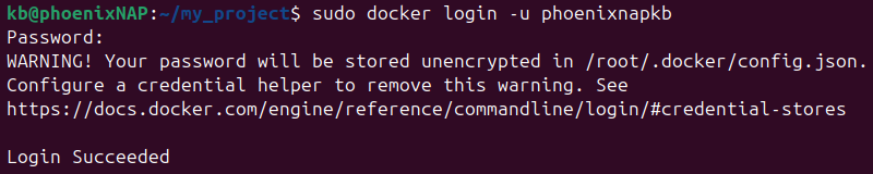 sudo docker login terminal output succeeded