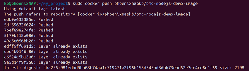 sudo docker push nodejs image terminal output