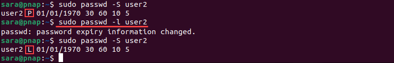 sudo passwd -l user2 terminal output