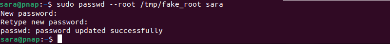 sudo passwd --root /tmp/fake_root sara terminal output