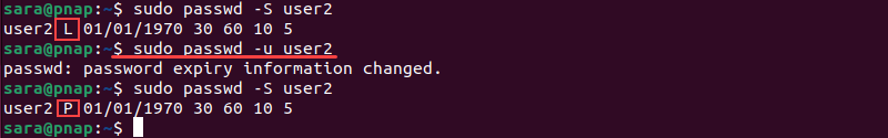 sudo passwd -u user2 terminal output