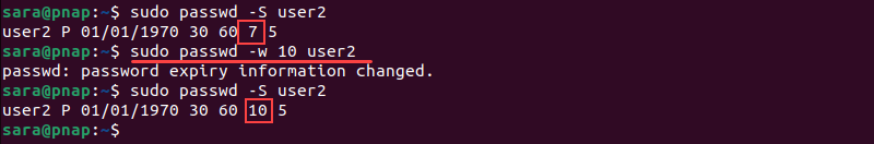 sudo passwd -w 10 user2 terminal output