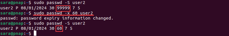 sudo passwd -x 60 user2 terminal output
