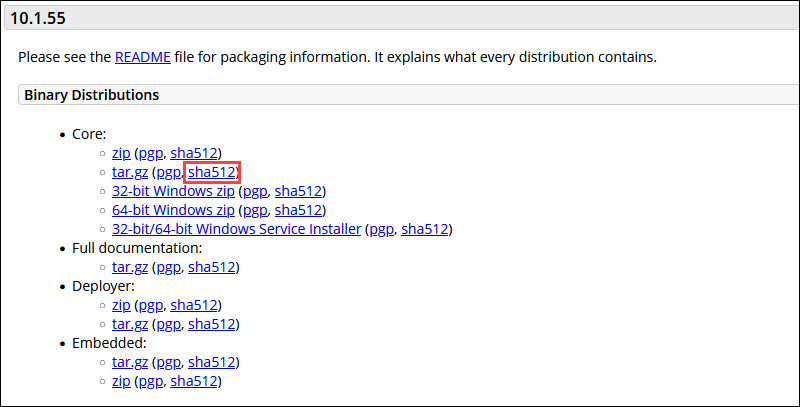 Download Apache Tomcat checksum from website.