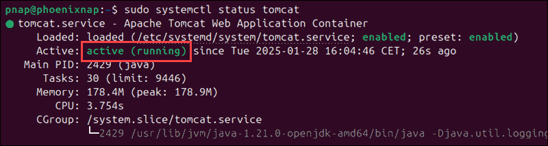 The Tomcat service is active and running.