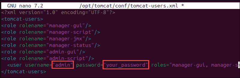 Configuring Tomcat username and password.