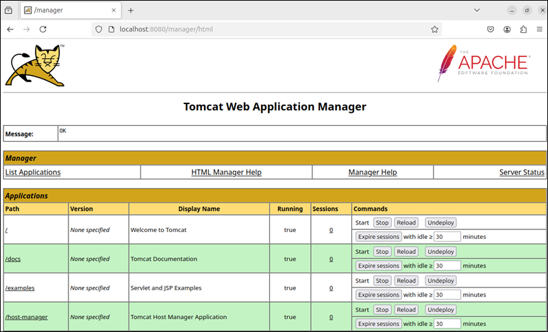 Tomcat Web Application Manager interface.