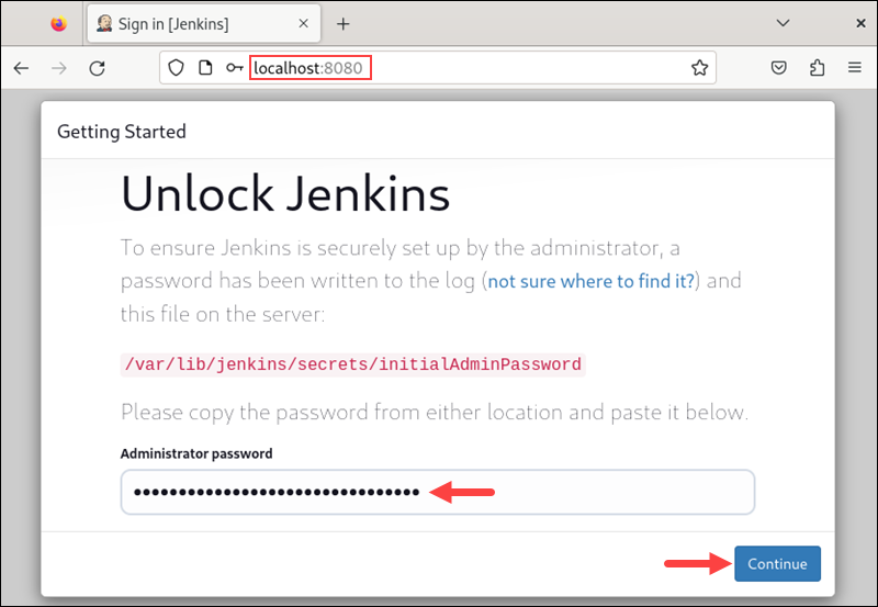 Unlocking Jenkins with the administrator password.