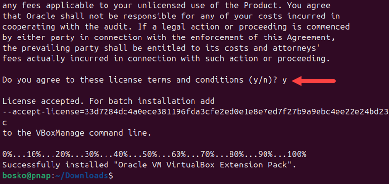 Accepting Oracle license agreement and installing VirtualBox extension pack.