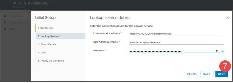 Providing connection details for the vCenter Server Lookup Service.