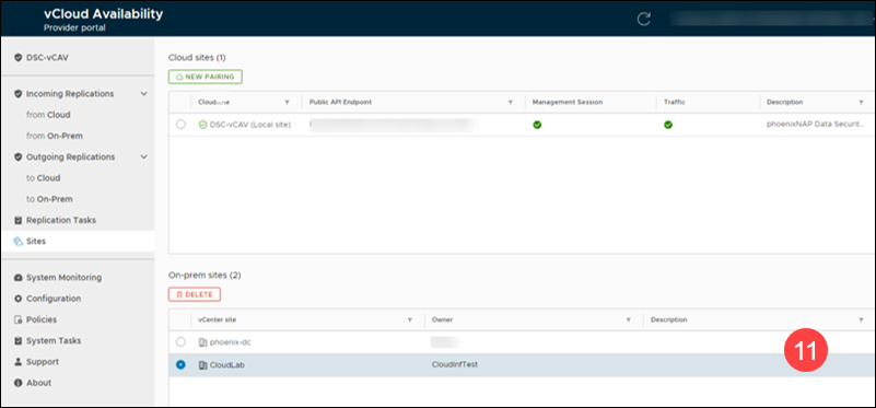 The site and replicator in the VCDA management interface.