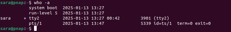 who -a terminal output in Linux