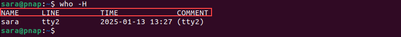 who -H Linux terminal output