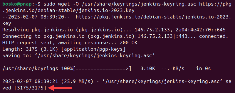 Importing the GPG key for the Jenkins repository.