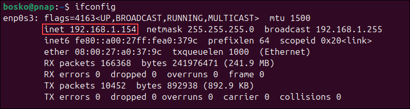 Checking the IP address on Ubuntu.