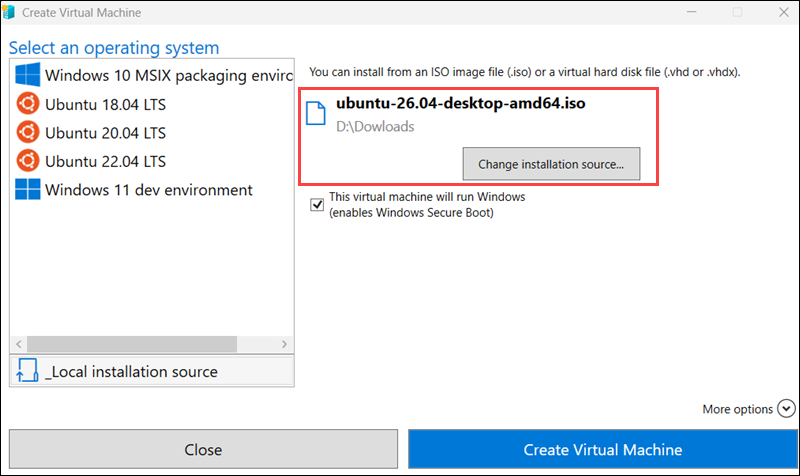 Click Change installation source and choose ISO