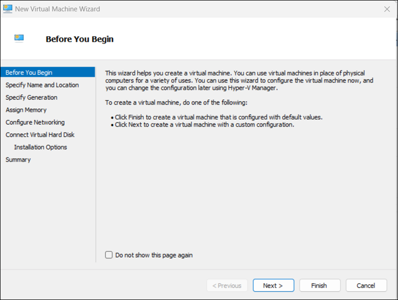 Click Next to start setting up the new virtual machine