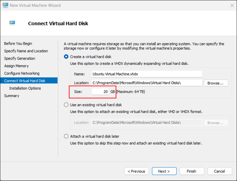Create a new hard disk for the virtual machine