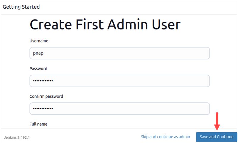 Creating the first admin user in Jenkins.