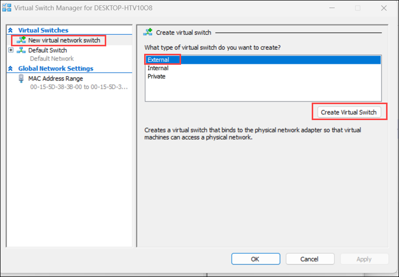 Create Virtual Switch.