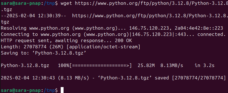 wget https://www.python.org/ftp/python/3.12.8/Python-3.12.8.tgz terminal output