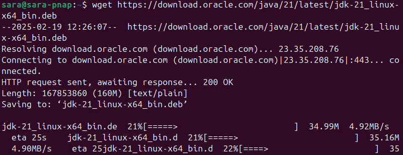 wget https://download.oracle.com/java/21/latest/jdk-21_linux-x64_bin.deb terminal output