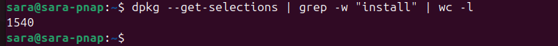 dpkg --get-selections | grep -w "install" | wc -l terminal output