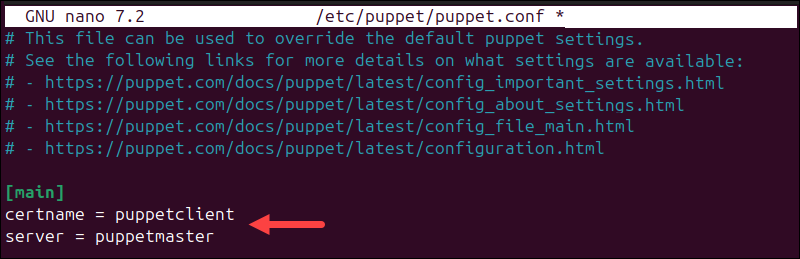 Changing the Puppet configuration file on the client node.