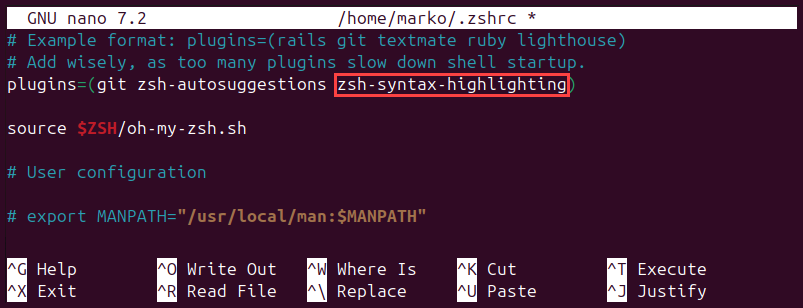 Adding the syntax highlighting plugin to the Z shell configuration file.