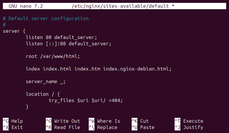 The default Nginx server block configuration file.