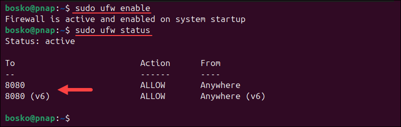 Enabling ufw and checking its status.