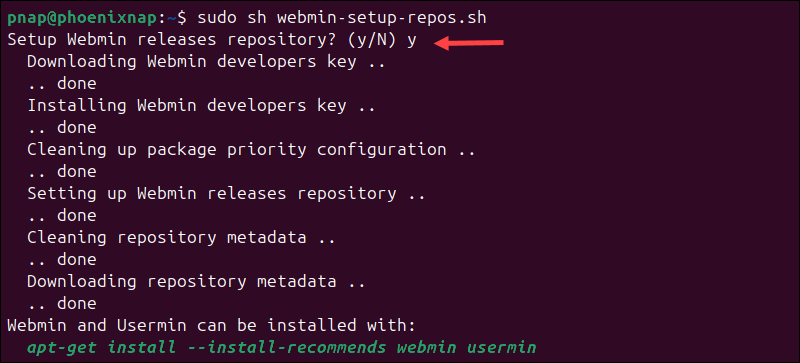 Executing the Webmin installation script.