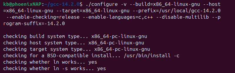 gcc configure build 14.2.0 terminal output