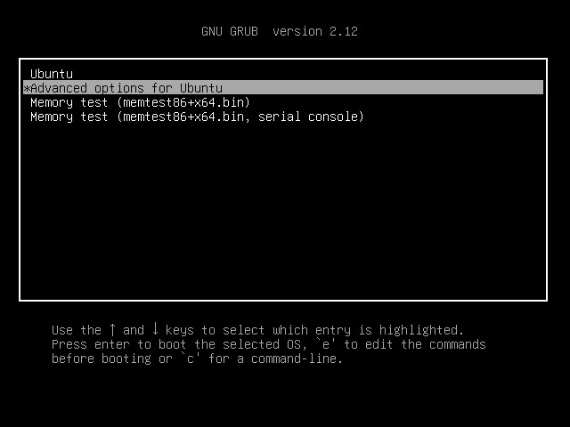 GNU GRUB menu advanced options for Ubuntu