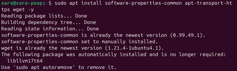 sudo apt install software-properties-common apt-transport-https wget -y terminal output