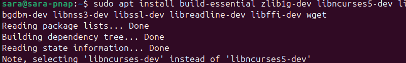 sudo apt install build-essential zlib1g-dev libncurses5-dev libgdbm-dev libnss3-dev libssl-dev libreadline-dev libffi-dev wget terminal output