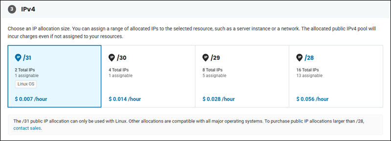 IPv4 allocation size options