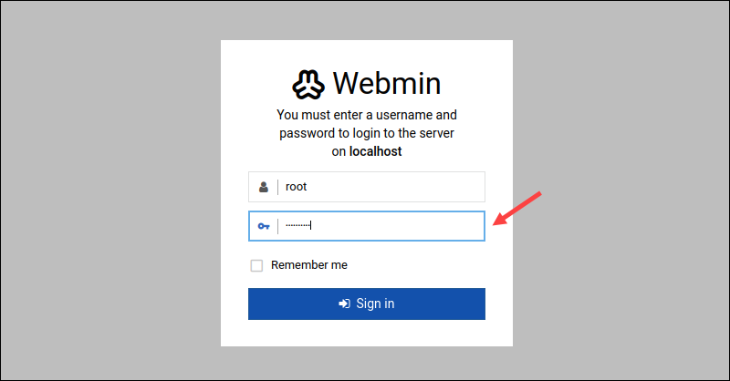 Enter credentials to access Webmin.