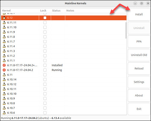 Mainline Kernels GUI 6.12 selected install button