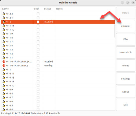 Mainline Kernels GUI 6.12 selected uninstall button