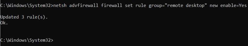 netsh advfirewall firewall set rule group="remote desktop" new enable=Yes cmd output