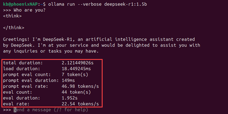 ollama run deepseek-r1:1.5b verbose output