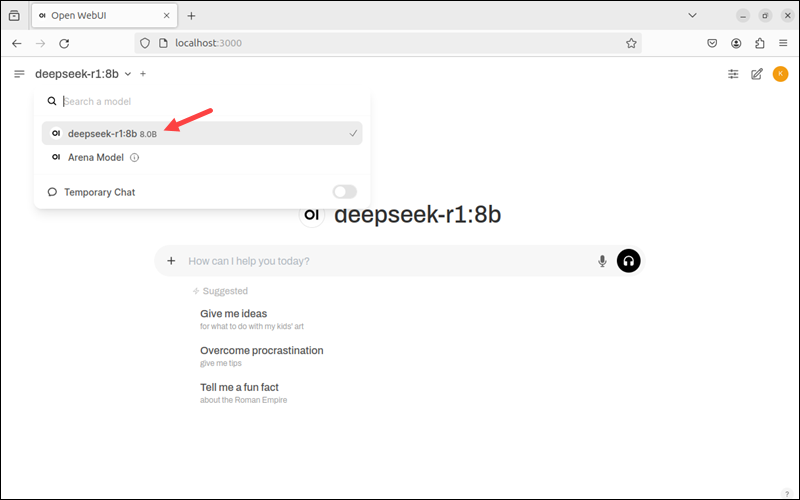 Open WebUI deepseek-r1:8b installed
