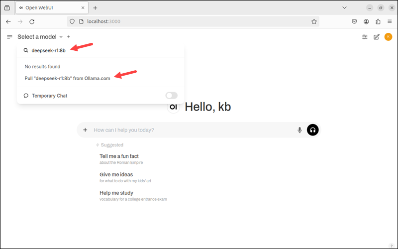 Open WebUI deepseek-r1:8b pull model