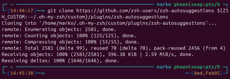 Cloning the auto-suggestions plugin repository for Z shell in Ubuntu.