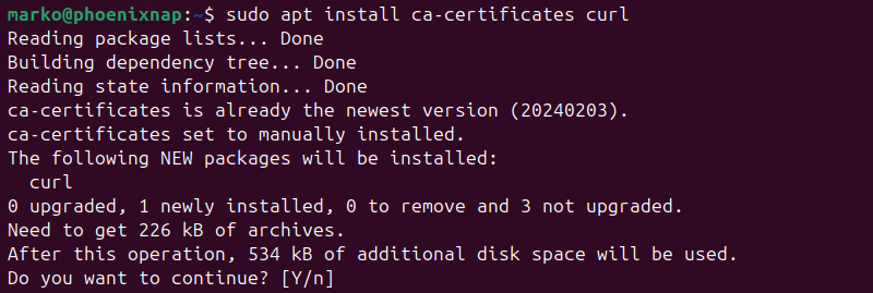 Installing the ca-certificates and curl packages on Ubuntu.