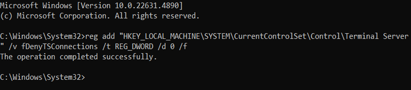 reg add "HKEY_LOCAL_MACHINE\SYSTEM\CurrentControlSet\Control\Terminal Server" /v fDenyTSConnections /t REG_DWORD /d 0 /f cmd output