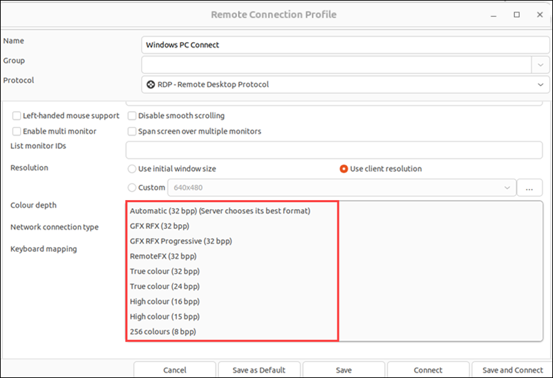 Remmina Color depth
